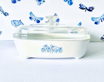 Corning Ware Blue Daisy Skillet, 10" Microwave Browning Pan - Sears MW-15 Model 8467320, Pyrex Lid