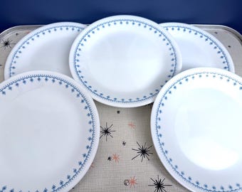 5 Corelle Snowflake Blue Salad Plates, Corningware Snowflake Blue Luncheon Plates, Corning Snowflake Garland Luncheon Plates