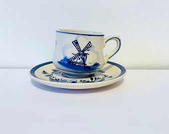 Delft Espresso Cup and Saucer, Holland Windmill Blue and White Coffee Cup and Saucer, Made in Holland Blue and White Tea Cup and Saucer
