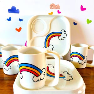 Rainbow Snack Set, Ingrid Chicago Picnic Dining Set, Ingrid Chicago Square Rainbow Luncheon Set, Vintage Rainbow Melamine Plates & Mugs