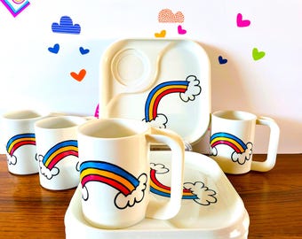 Rainbow Snack Set, Ingrid Chicago Picnic Dining Set, Ingrid Chicago Square Rainbow Luncheon Set, Vintage Rainbow Melamine Plates & Mugs