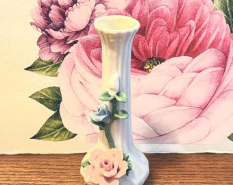 Sculpted Roses Ceramic Bud Vase: 1960s White Ribbed Relief