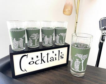 Vintage Jeannette Jasperware Barware Set, Grecian Hellenic Martini Mixer, Green Tumblers