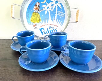 4 Homer Laughlin Lapis Fiesta Cups and Saucers, Lapis Blue Fiestaware Cups and Saucers,  Blue Fiesta Coffee Mugs, Lapis Fiesta Tea Cups