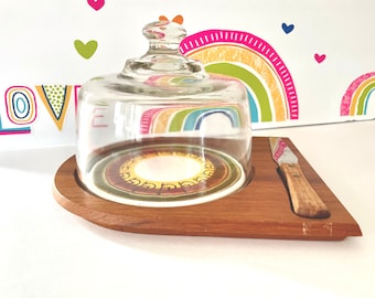 MCM Cheese Board with Knife and Dome, Groovy Covered Teak Cheese Board, Dolphin Psychedelic Cheese Plate, 1970s Covered Charcuterie Board