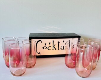 10 Blendo Cranberry High Ball Glasses, Mid Century Pink Luster Cocktail Glasses, Pink Ombre HighBall Glasses,  Ruby Fade Cocktail Glasses