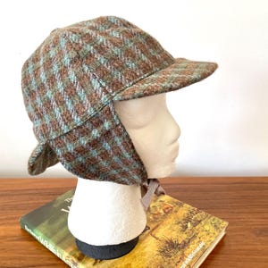 Scottish Tweed Deerstalker Hat, Macdonalds Of Oban Wool Sherlock Holmes Hat, Oban Argyll Brown and Blue Wool Trapper Hat With Ear Flaps