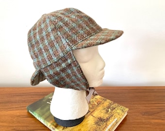 Scottish Tweed Deerstalker Hat, Macdonalds Of Oban Wool Sherlock Holmes Hat, Oban Argyll Brown and Blue Wool Trapper Hat With Ear Flaps