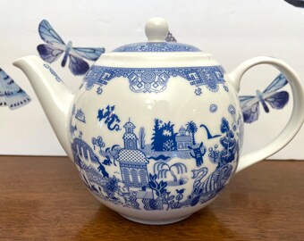 New Calamityware Things Could Be Worse Teapot, Don Moyer Calamity Ware Blue Willow Teapot, White and Blue Made in Poland Porcelain Teapot