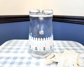 Libbey Blue Birds White Picket Fence and Red Tulips Glass Beverage Pitcher, Cottage Kitchen Iced Tea Pitcher, 64oz Country Kitchen Juice Jug
