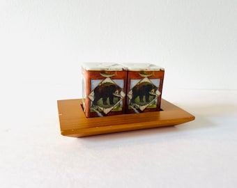 Vintage Wildlife Salt and Pepper Shakers with Wooden Tray