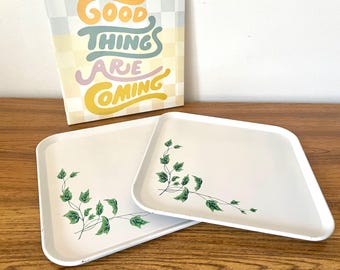 2 Vintage Ivy Enamel Trays, Serv-A-Dish Metal Trays, Square Enameled Trays with English Ivy, Mid Century St. Regis Serv-A-Dish Serving Trays