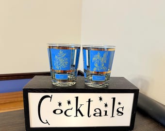 2 Cera Herbs Double Old Fashioned Cocktail Glasses, Pair Blue And 22K Gold Cera Double Old Fashioned Glasses, MCM Blue Gold Cocktail Glasses