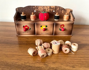 Made In Japan Wooden Sewing Box, Wooden Sewing Box with Small Wooden Spools, Wall Mountable Small Sewing Box, Hand Painted Wooden Sewing Box