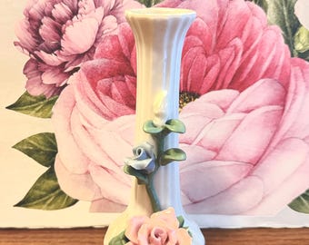 Sculpted Roses Ceramic Bud Vase: 1960s White Ribbed Relief