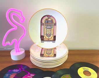 Set of 8 Jim L Wells Jukebox Plates, Wurlitzer Model 1015 Plates, Jim L Wells When A Nickel Bought Dreams Plates, Jukebox Diner Plates