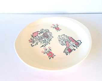 Vintage Mid Century Marcrest Red and Green Mill Platter, Marcrest 1950's  Platter, Marcrest Red Barn and Hearts Platter