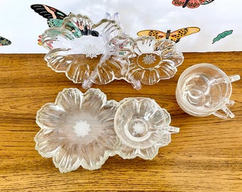 8 Piece Colony Garden Club Snack Set, Service for 4 Daisy Snack Plates & Cups, Vintage Clear Double Sunflower Luncheon Set