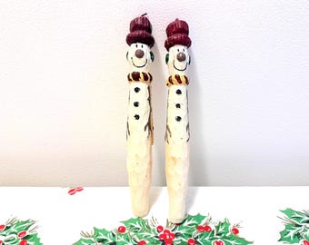 2 Vintage Primitive Rustic Snowman Christmas Holiday Candles