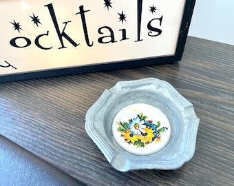 Mid Century German Pewter and Porcelain Ashtray, Angel Back-Stamp Floral Pewter Ashtray, Pewter & Craquelure Porcelain Ashtray/Trinket Dish