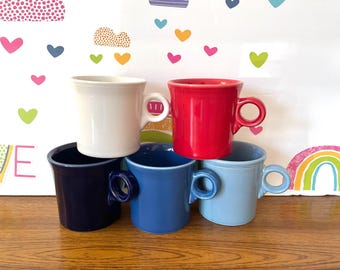Fiesta Coffee Mugs: Colorful O Handle Set - White, Scarlet, Cobalt, Periwinkle, Lapis