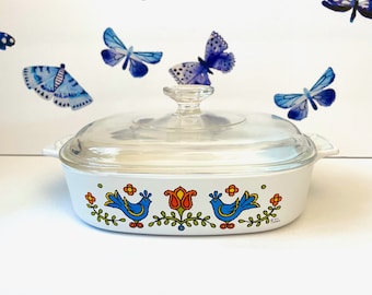 Corning Country Festival 8.5" Square Covered Casserole & Lid, Corning Ware Blue Bird Covered Dish, Corning Country Festival Baking Pan