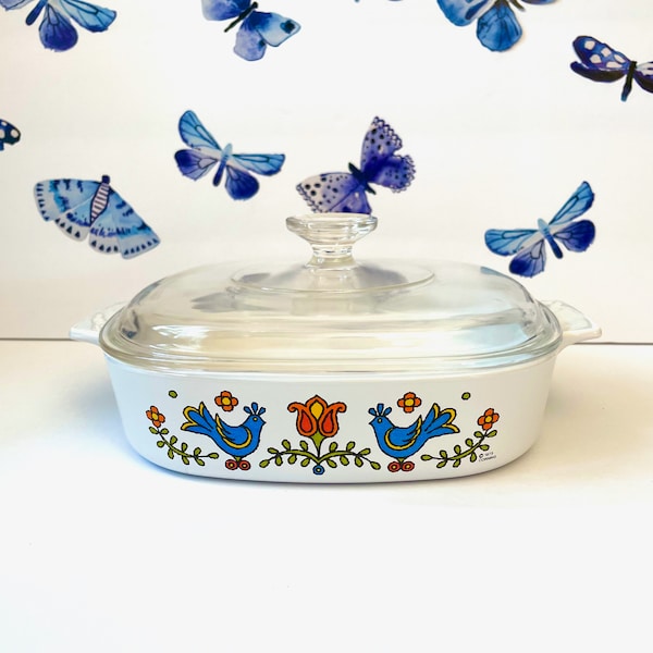 Corning Country Festival 8.5" Square Covered Casserole & Lid, Corning Ware Blue Bird Covered Dish, Corning Country Festival Baking Pan