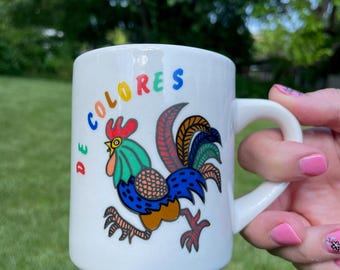 Retro Rainbow Rooster Mug - Colorful De Colores Coffee Cup