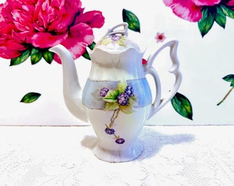 Vintage Hand-Painted Boysenberry Coffee Pot: Porcelain Butterfly Handle, Signed D.Hammond