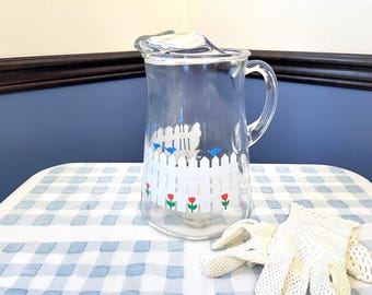 Libbey Blue Birds White Picket Fence and Red Tulips Glass Beverage Pitcher, Cottage Kitchen Iced Tea Pitcher, 64oz Country Kitchen Juice Jug