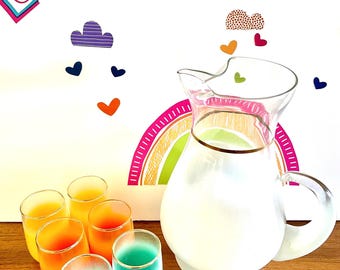 West Virginia Blendo Pitcher and Glasses, White Blendo Pitcher & 6 Colorful Glasses, West Virginia Riviera Juice Set, 7 Piece Blendo Set