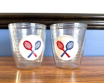 Pair Of Insulated Tervis Tennis Cups, Embroidered Patch Cross Racket 12 Ounce