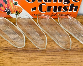 4 Mid Century Glass Corn Cob Holders, Set of Four Corn Cob Trays, Heavy Glass Corn on the Cob Dishes, Corn on the Cob Serving Dishes