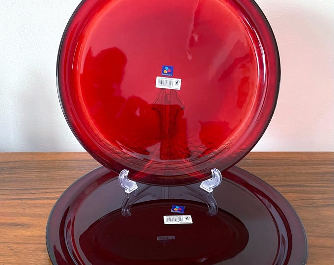 Featured listing image: Arcoroc Vercors Ruby 13" Round Platter, Bright Red Serving Platter, Textured Pebble Glass Red Serving Platter, Luminarc Vercors Ruby Tray