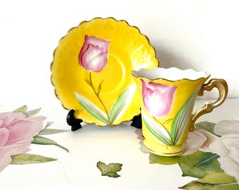 Occupied Japan Gilded Tulip Cup & Saucer, Celebrate Yellow Footed Pink Tulip Demitasse Cup and Saucer, Hand Painted Pink Tulip Cup Saucer