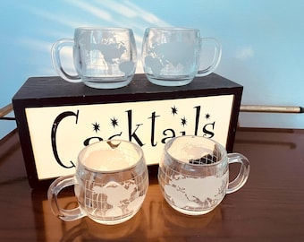 Nestle Nescafe Globe Mugs - 1974 World's Fair Etched Glass Set