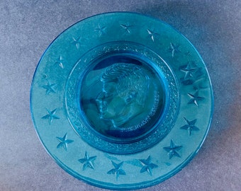 President John F Kennedy Cobalt Blue Plate, Wheaton Famous American Presidents Blue Luncheon Plate, Clear Blue Kennedy Collectable Plate