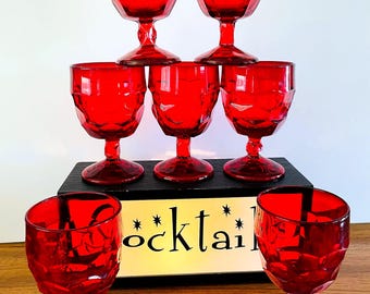 Viking Georgian, Vintage Ruby Honeycomb Water Goblets | Glass | Set Of 7, 10 Oz, 5 5/8 In, Collectible