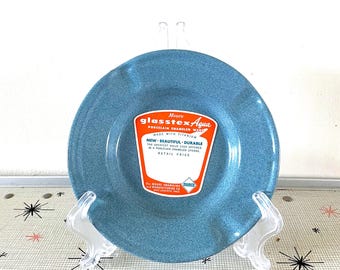 Glasstex Aqua Enamel, Mid Century Ashtray | Speckled Blue Porcelain Enameled | 5.75 Inch Diameter, Felt Base