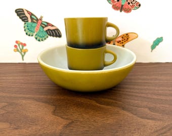 Fire King Meadow Green, Retro Stackable Mugs & Breakfast Bowl | Milk Glass | Cups 2.5"×3", 7.25"×2.5