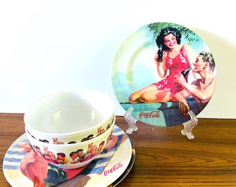 Coke Beach Party, Vintage Retro Pin-Up Dish Set - Melamine | 3 Plates 8.5in, 2 Bowls 5.75in X 3in