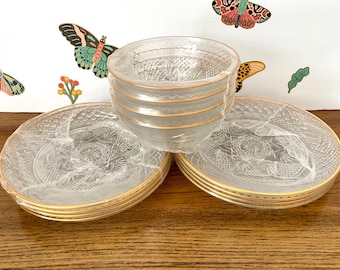 12 New Old Stock CRISTAL D'ARQUES-DURAND Antique Gold Plates and Bowls, 8 Luminarc Antique Gold Luncheon Plates, 4 Antique Gold Salad Bowls
