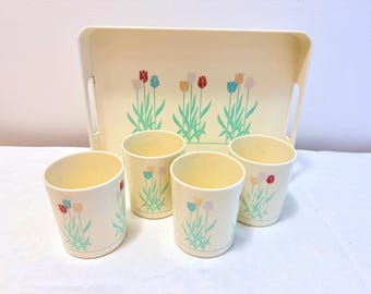 1980s Tulip Cups And Tray, 4 Vintage Plastic Tulip Cups With Plastic Tulip Tray, 1980s Plastic Picnic Serving Set