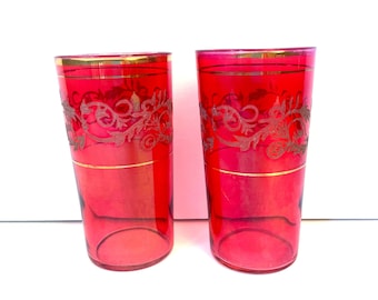 Pair Ruby Red Embossed Art Deco Glasses With God Trim