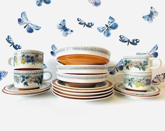 Complete GOEBEL Burgund Country Dinnerware Set, 16 Piece Goebel Burgund Salad Set, 70s Goebel Burgund Cups Saucers Salad Plates & Bowls