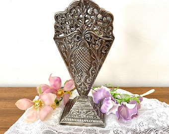 Art Nouveau Filigree Fan Vase, 1970s BoHo Brass With SilverTone Overlay Fan Vase, Made In India Fan Vase, Filigree Pineapple & Bows Fan Vase