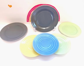 Hazel Atlas Dishes, Vintage Midcentury Salad Plates Set Of Six, Green Child 6 Inch, Moderntone Saucers, Ovide Gray