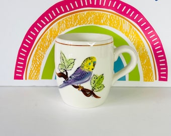 Vintage Hand Painted Budgerigar Mug, Hand Painted Parakeet Coffee Cup, 1940s Ceramic Budgie Coffee Mug