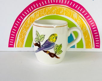 Vintage Hand Painted Budgerigar Mug, Hand Painted Parakeet Coffee Cup, 1940s Ceramic Budgie Coffee Mug