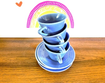 Harlequin Mauve Blue Cups And Saucers, Homer Laughlin China, Art Deco Periwinkle Color - Set Of 4, 2 5/8In